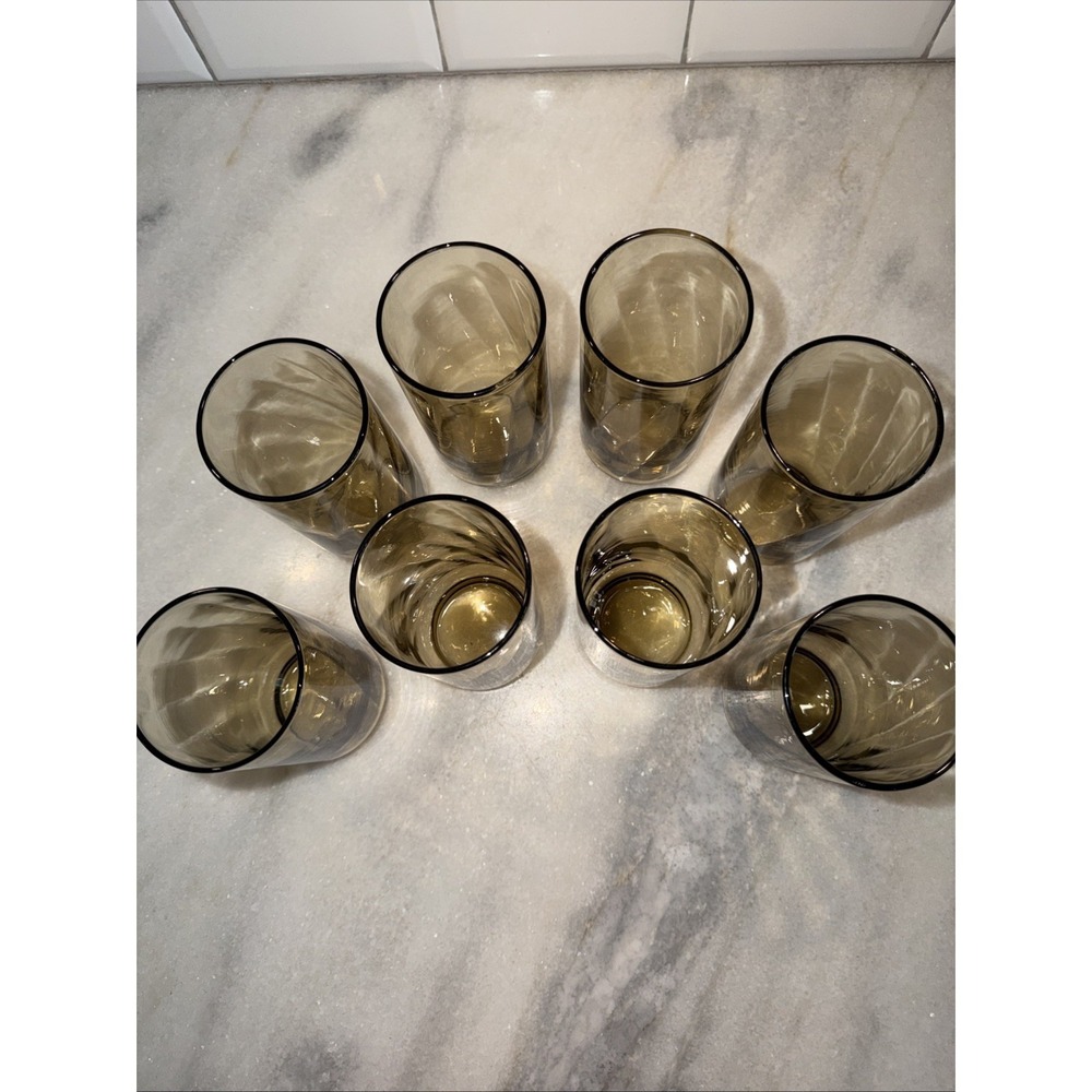 Libbey Swirl Optic Tawny Brown Tumbler Set Of 8 Vintage 5 1/2" 14Oz GlassesGW004 - Picture 6 of 8